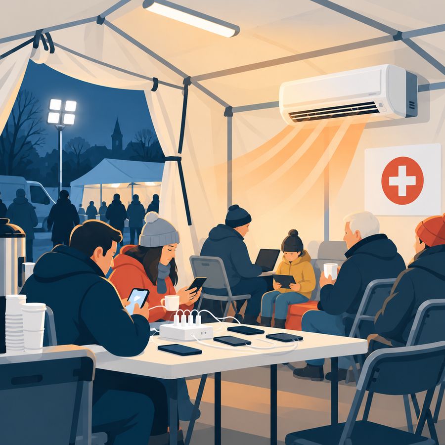 Ilustracja: punkt pomocy w namiocie podczas blackoutu, mieszkańcy ładują telefony i korzystają z internetu