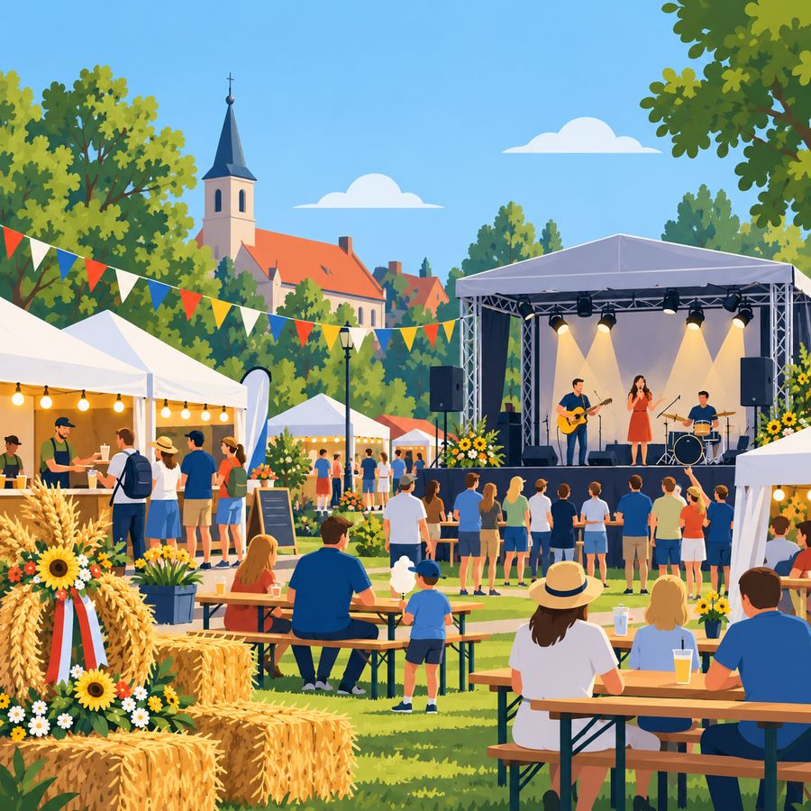 Ilustracja: festyn gminny ze sceną, stoiskami z jedzeniem i oświetleniem