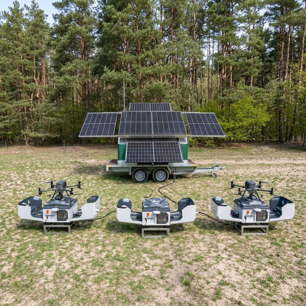 EcoGenerator na przyczepie w lesie zasila trzy stacje dokujące z dronami